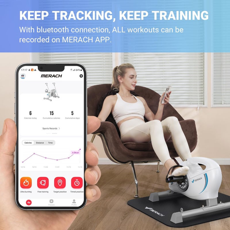 Merach Under Desk Bike Pedal Exerciser, Quiet Magnetic Mini Exercise Bike with App for Arm, Leg Recovery, Physical Therapy, Smooth Foot Desk Cycle with 2 Resistance Bands & Non-Slip Mat - Image 3